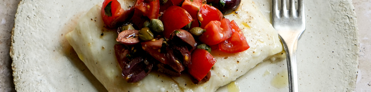 Grilled Halibut with Tomato, Olive and Caper Salsa